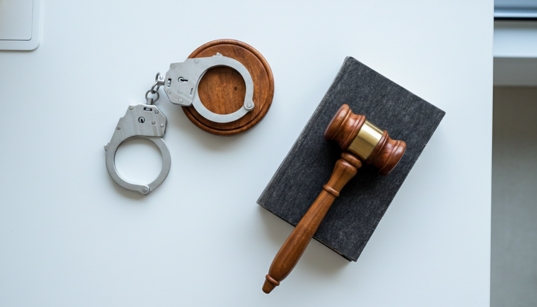 Handcuffs and a judge's gavel on a desk